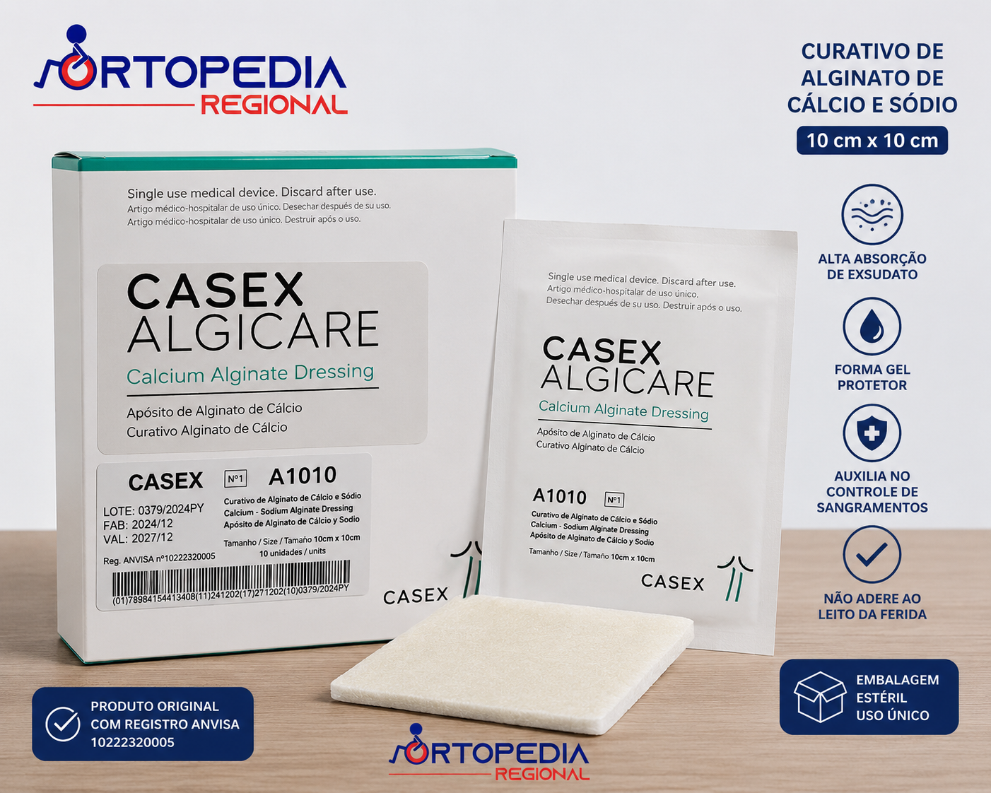 CURATIVO ALGINATO CALCIO (A1010) 10X10 - CASEX - Imagem 3